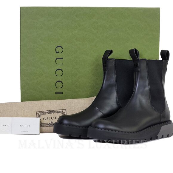 GUCCI BOOTS MENS CHELSEA BLACK LEATHER ANKLE w INTERLOCKING LOGO sz 9.5 10 - Picture 3 of 15